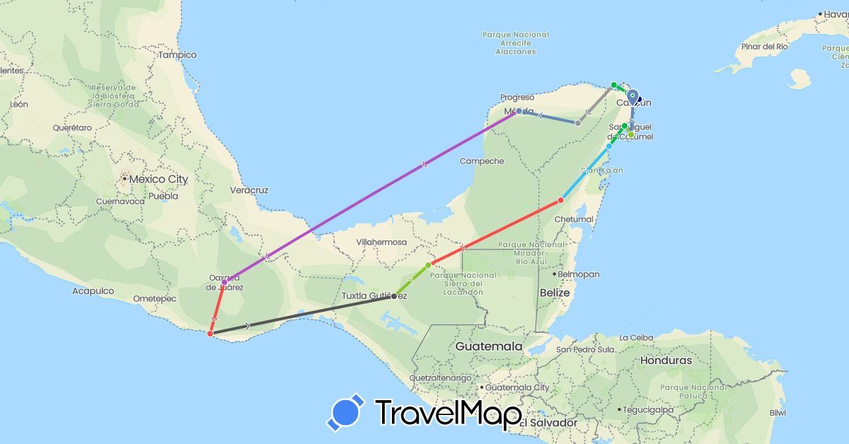 TravelMap itinerary: driving, bus, plane, cycling, train, hiking, boat, motorbike, electric vehicle in Mexico (North America)